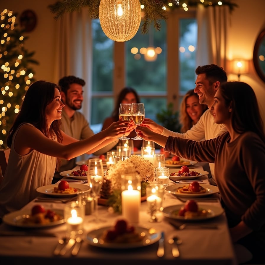 A warm, intimate family dinner scene on New Year’s Eve. The table is beautifully set with candles, festive dishes, and holiday decorations. Everyone is smiling and clinking glasses, with the golden light of the room adding to the cozy atmosphere.

.