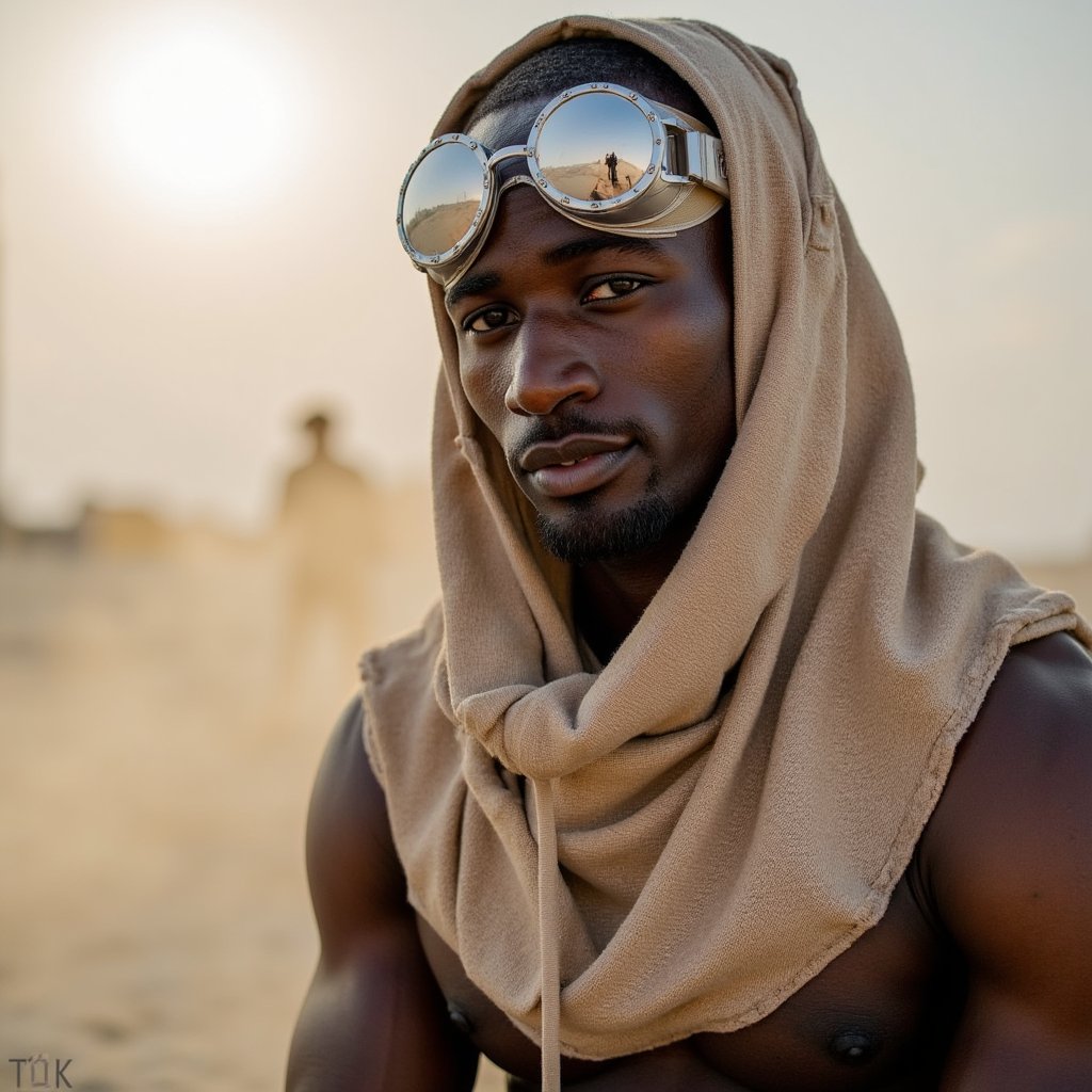 Artistic portrait of a Burning Man attendee wearing mirrored face gear and flowing desert cape, soft focus, surreal desert lighting
