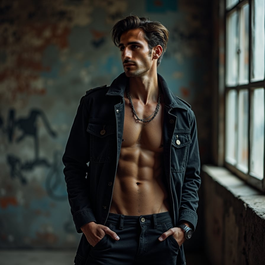 man with a strong artistic vibe. He is styled in dark, textured clothing, with dramatic lighting creating shadows and depth. The background is moody and urban, showcasing an air of mystery and creativity