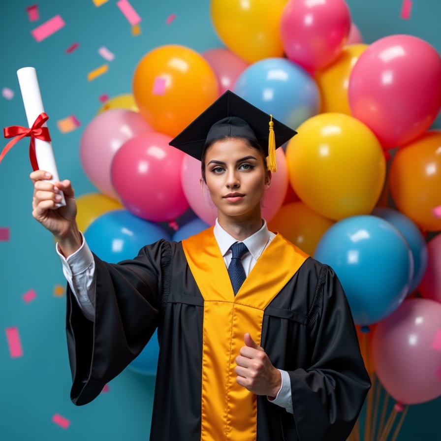 a graduate man in their academic gown and mortarboard, holding a diploma and beaming with pride, against a vibrant balloon-filled backdrop, confetti and cheers surrounding him, capturing the joy and accomplishment of graduation day