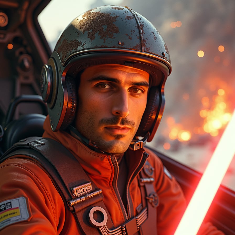 A male X-Wing pilot faces the camera from inside his cockpit, his helmet and flight suit showing battle wear. He has a determined look as explosions and blaster fire light up the scene, capturing the intensity of a high-stakes space battle.