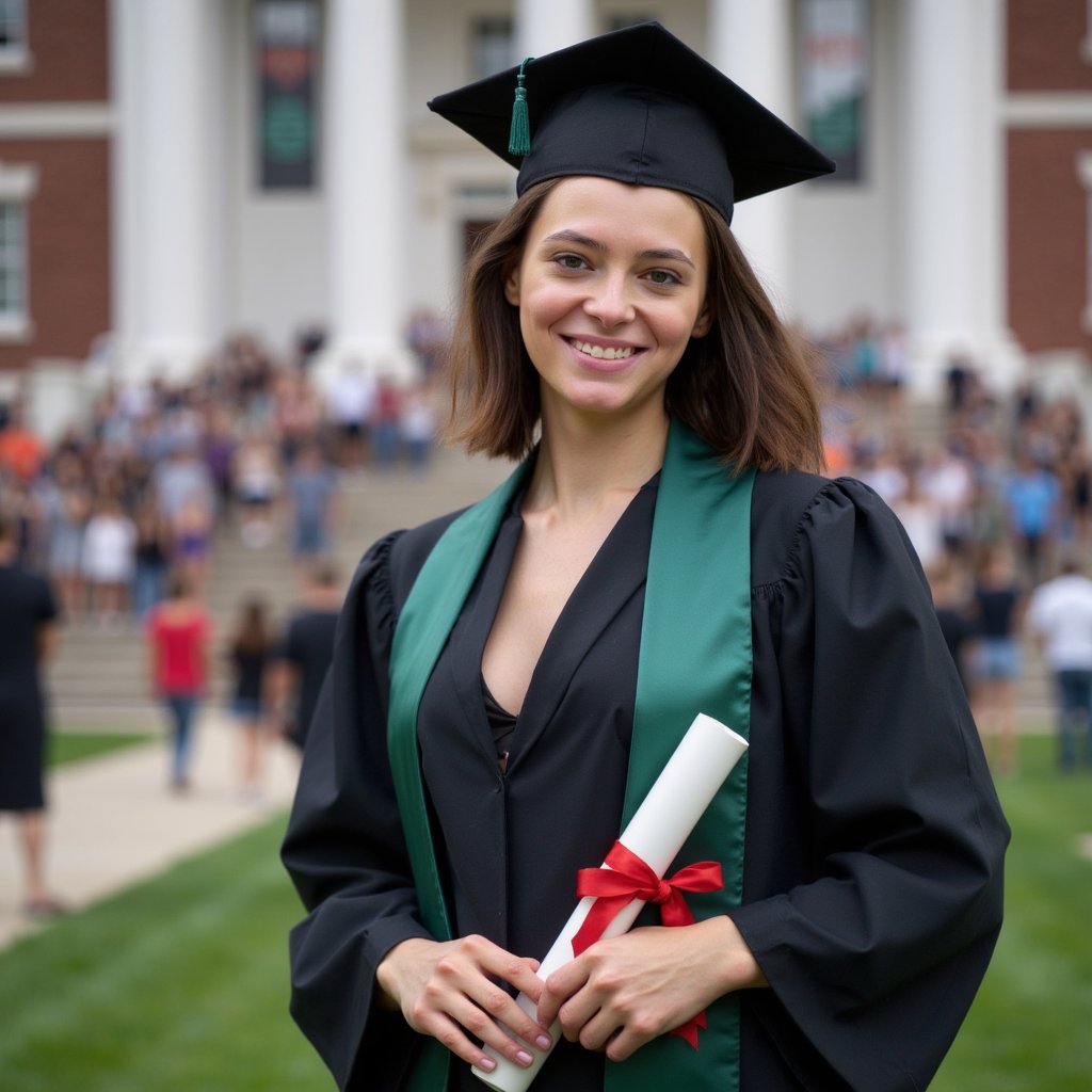 Waist-up portrait of a woman graduate standing on a campus lawn holding her rolled diploma tied with a red ribbon near her chest, expression proud and serene; wearing a black matte gown with emerald satin stole, mortarboard angled slightly forward; shoulder-length layered hair softly curled at ends, natural makeup with pink undertones; camera at eye level, 85 mm lens, f/2, ISO 100; lighting: soft diffused daylight from light overcast, subtle rim light behind; background: blurred university building with faint banners, green grass foreground slightly out of focus; cloth textures crisp, fibers of the ribbon visible, skin tone even, highly detailed, highly realistic, HDR.