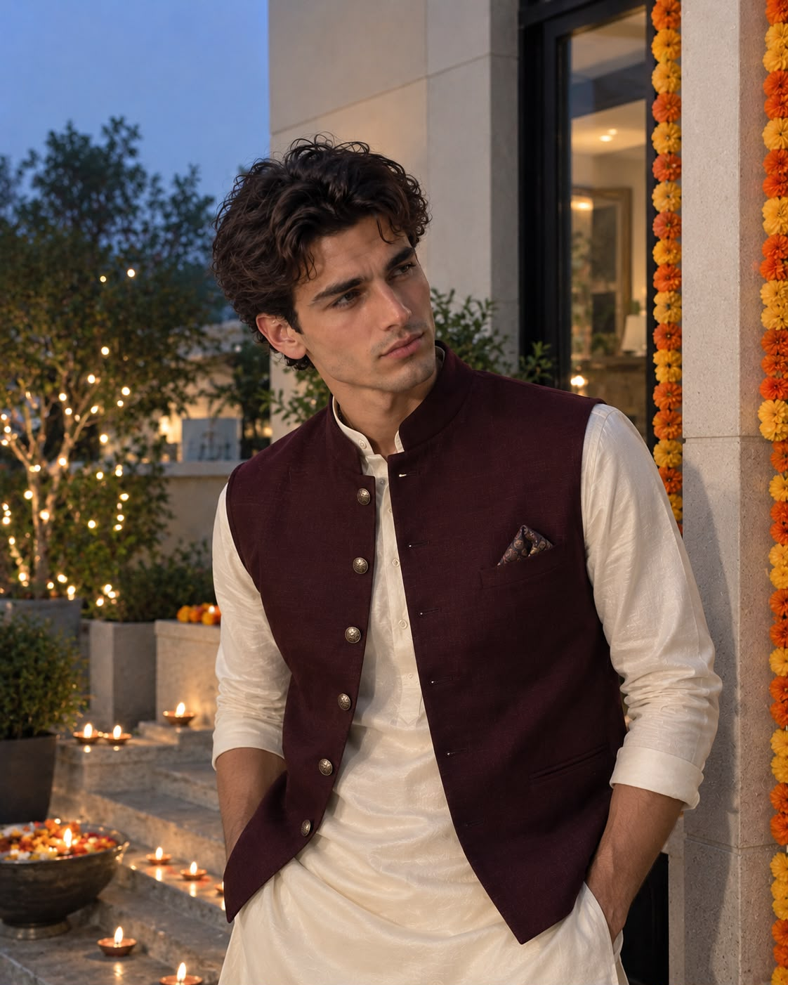 AI festive headshot of a man in a navy bandhgala against blurred Diwali string lights
