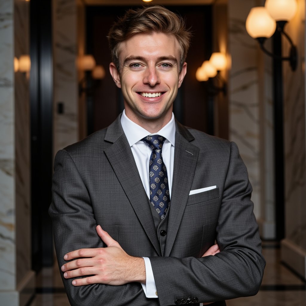 Highly detailed, highly realistic HDR portrait of a man banker in a tailored charcoal three-piece suit with satin lapel, silk tie, polished leather shoes; neatly combed hair with side part. Camera: 135mm lens, f/2.8, ISO 400, shoulder-up compression shot for dramatic bokeh. Lighting: warm tungsten practicals as back glow, soft key from camera left; shadow contours cheek and nose. Pose: arms crossed in front of chest, confident but approachable smile. Background: blurred grand marble interior with tall pillars and soft lamps, minimal clutter
