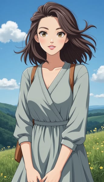 A smiliing woman depicted precisely as a character from one of Studio Ghibli's famous scenes, perfectly replicating the original animation style, mood, and details.