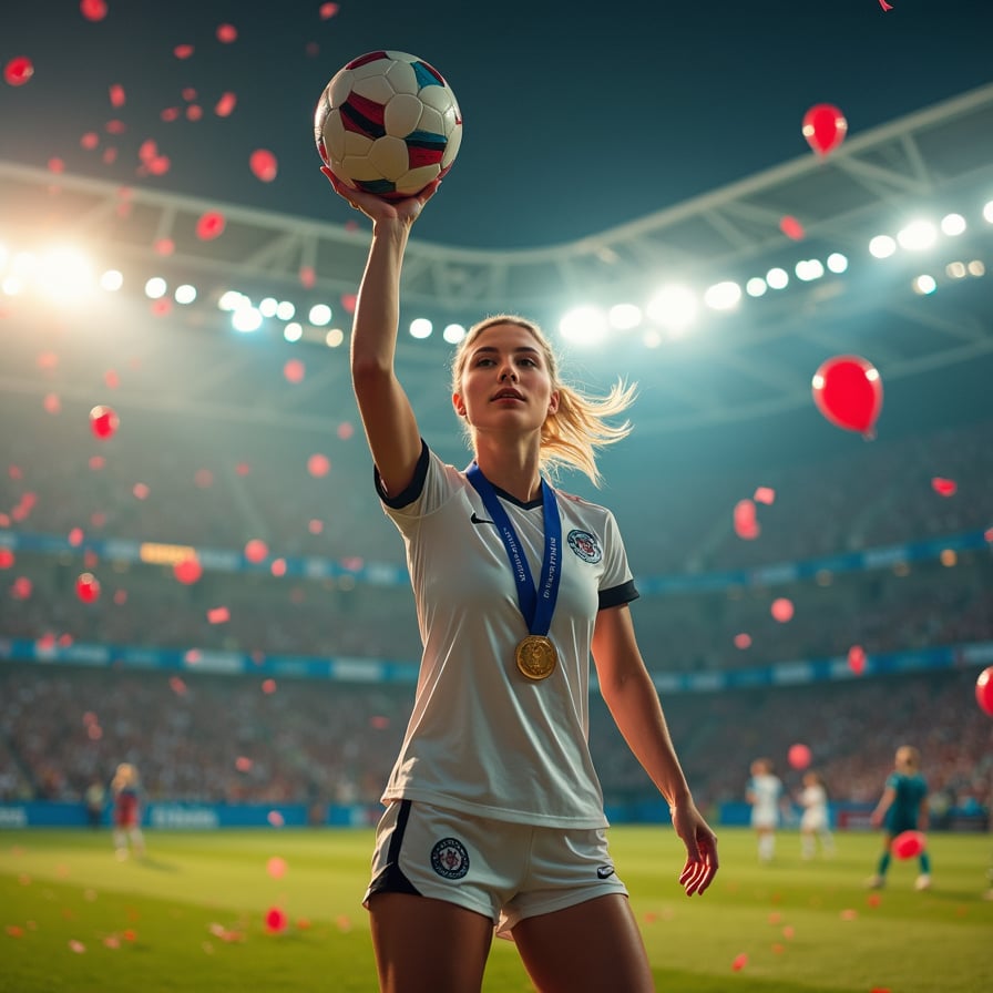 woman in a triumphant pose, proudly holding up the soccer ball with a huge smile on her face, wearing a gleaming championship medal around her neck, dressed in a sleek, high-tech soccer jersey and shorts, radiant with confidence and joy, spotlight shining down on her, confetti and balloons surrounding her, dramatic stadium lights in the background, intense excitement and sense of achievement.