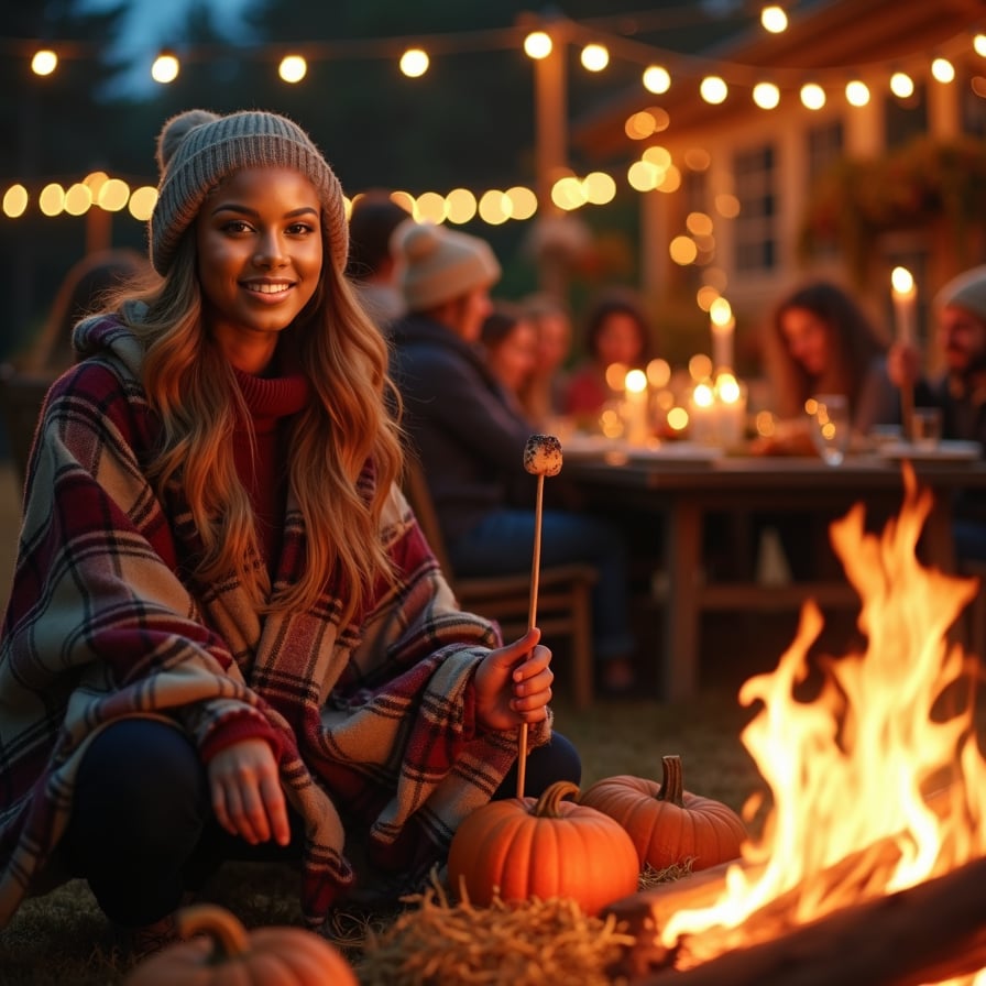 A woman bundled up in a plaid blanket, sitting by a bonfire with friends and family around her. She’s laughing and holding a marshmallow stick, while others roast marshmallows and sip warm drinks. The cool night air is filled with laughter, and string lights hang overhead, illuminating the scene with a cozy, autumnal glow. Pumpkins and hay bales add to the rustic setting