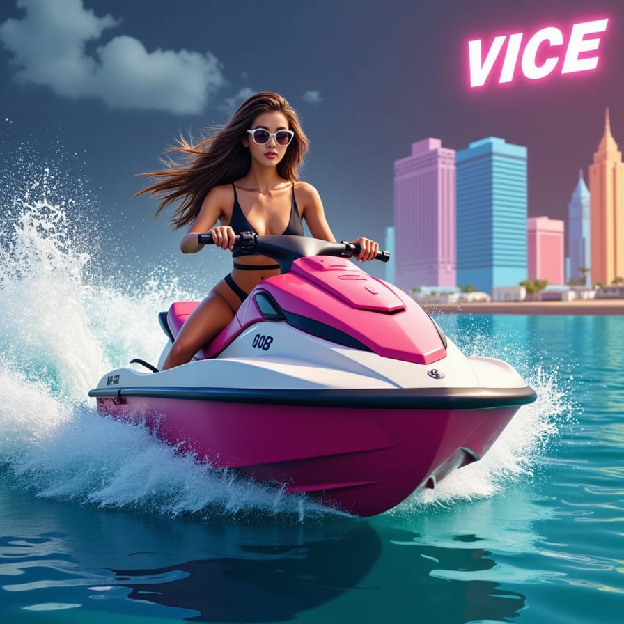 A high-speed jet ski police chase through neon-lit canals at midnight in Vice City — cinematic, storm clouds gathering, water splashing dramatically