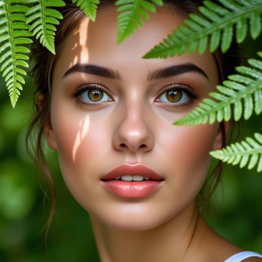 An extremely close-up shot of a woman's face, with her features softly illuminated by dappled natural light filtering through lush green leaves that surround her, highlights her expressive brown eyes and smooth, clear skin; her face is angled slightly upwards, showcasing a gentle, serene smile as leaves and ferns frame her face in a verdant embrace. The composition focuses intimately on her facial details, with dewy leaves and foliage blurring into a vibrant green background that evokes a sense of tranquil connection to nature. Her hair is partially obscured by the surrounding greenery, adding to the organic, earthy atmosphere.