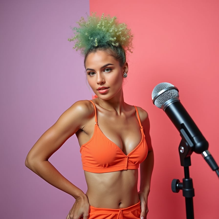 woman with a vibrant, bold hairstyle and bold makeup, wearing a trendy outfit with a pop of color, posing confidently with a fun, playful expression in front of a bright, pastel-colored background, with a microphone in the foreground, highlighting her energetic and engaging personality