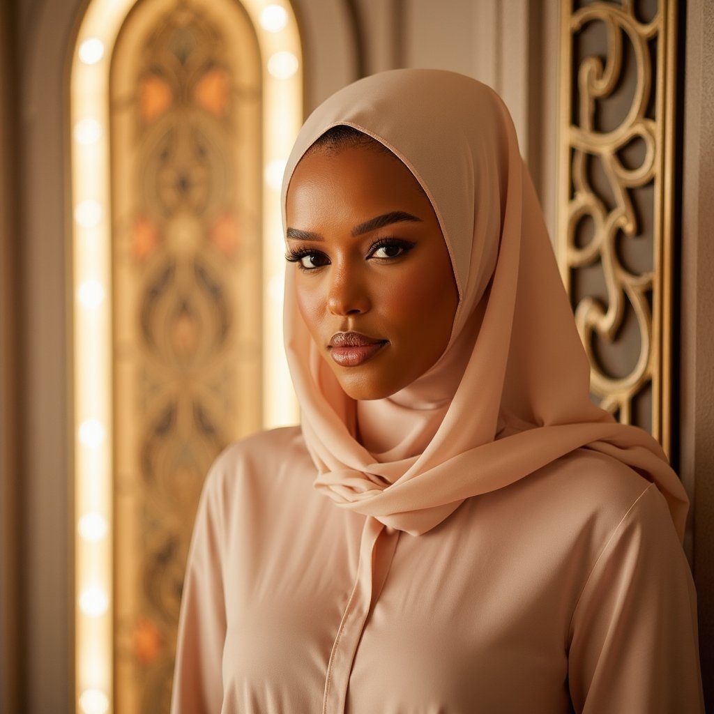 Editorial-style portrait of a woman facing camera in formal modest attire, backdrop with soft bokeh lights, conveying warmth and grace for Mawlid celebration