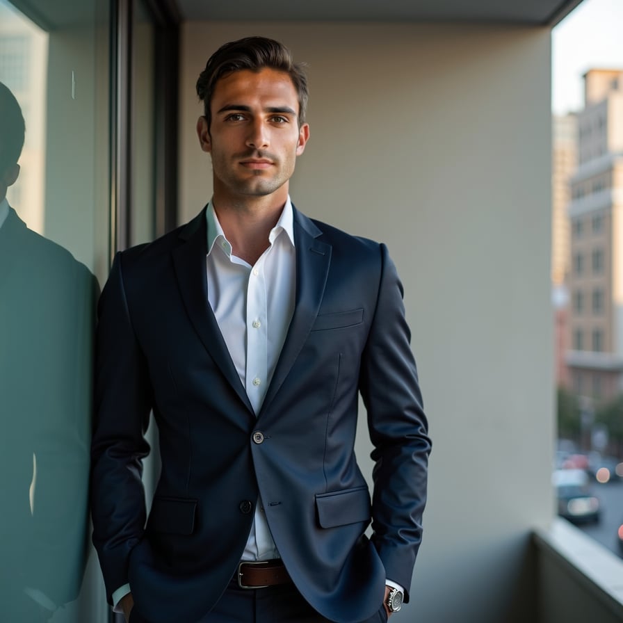 man in a sleek business suit, standing against a neutral or cityscape backdrop. His expression is confident and approachable, with crisp lighting accentuating his features. The image should convey leadership and trustworthiness