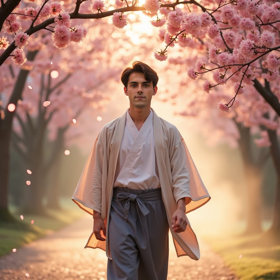 A young man in a traditional Japanese kimono walks under a canopy of pink sakura trees, petals gently falling around him. The setting sun casts a golden glow, creating a serene and dreamlike atmosphere.