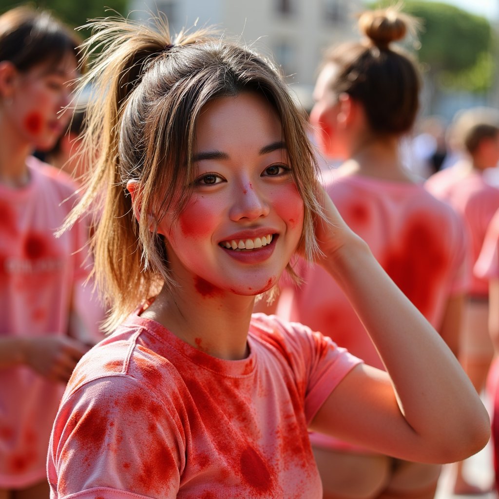Headshot of a playful woman winking with tomato sauce smeared across one cheek, messy ponytail, red-stained festival shirt, pure La Tomatina joy
