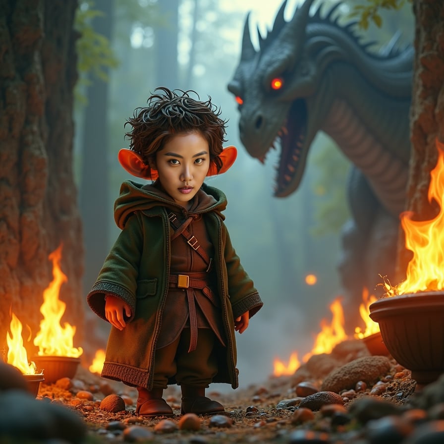 Here is a prompt for a Stable Diffusion image based on your request:

"Hobbit Bilbo Baggins, surrounded by flickering torchlight, standing triumphantly in the midst of a sprawling treasure hoard, dragon Smaug looming ominously in the shadows, epic music swelling in the background, misty atmosphere, cinematic lighting, dramatic pose, reminiscent of the iconic scene from The Hobbit movie."