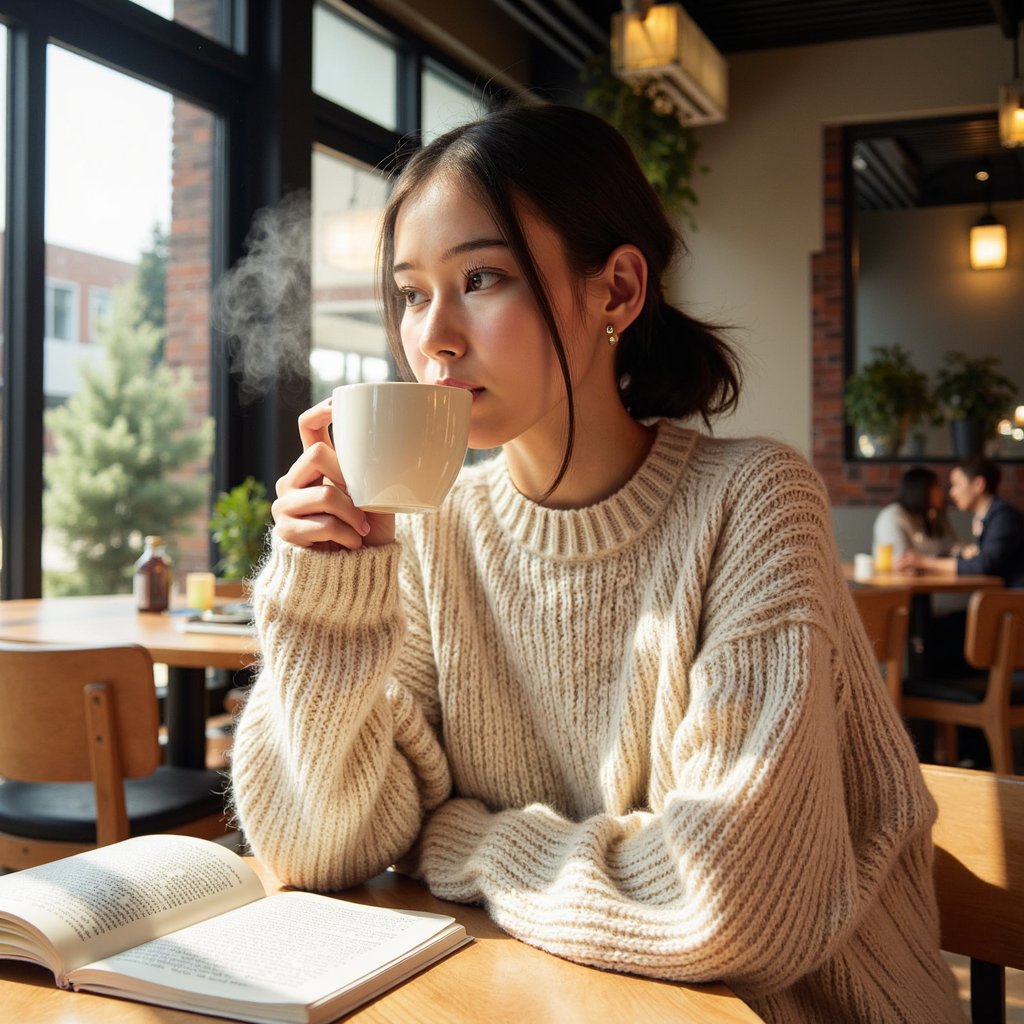 Gender: Female

Pose: Close-up, seated at a table with a steaming cup of coffee in one hand, a book open in front of her, lost in thought.

Attire: A cozy, thick-knit sweater in soft cream color with visible knit patterns.

Hairstyle: Low ponytail with loose curls, giving a relaxed and natural look.

Lighting: Bright morning sunlight filtering through a café window, casting soft light and creating shadows on the table and the subject’s face.

Background: A warm, rustic café setting with wooden tables, a few plants, and other patrons in the background (slightly blurred).

Camera Angle: A close-up shot from the side to capture the subject’s facial expression as she sips her coffee, with the book and table visible.

Additional Details: Realistic details of the steam rising from the coffee, and soft light reflecting on the subject’s sweater, highlighting the texture of the knit fabric.