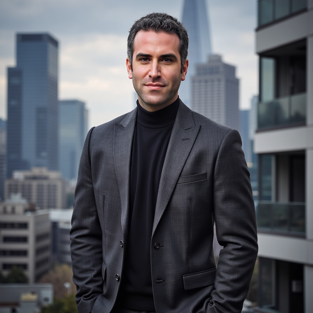 man wearing a charcoal gray turtleneck sweater, with his chin slightly raised, e