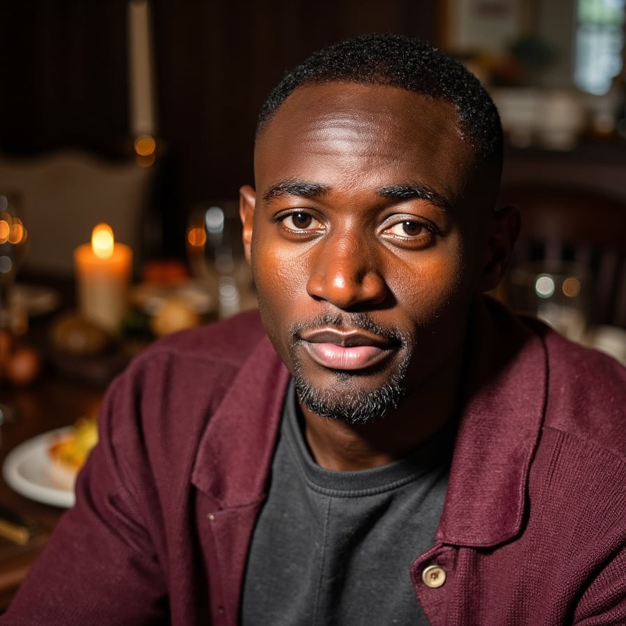 Hyperrealistic, highly detailed, HDR waist-up portrait of a man (male, ~40 yrs) indoors in a warmly lit dining space. Camera eye-level, straight-on. He wears a deep charcoal henley layered under a dark maroon wool cardigan with button detail. Short dark hair with a few silver strands, neatly styled. Background softly blurred: dark wood panels and subtle candle bokeh, faint reflections on glassware. Lighting warm and directional — candlelight from lower left adds gentle upward highlights on his face and collarbones. Visible details: fine beard texture, micro-shadows across the face, sweater’s dense weave, reflections in eyes. Mood cinematic, intimate Thanksgiving warmth. HDR, high resolution, high quality, highly detailed, photorealistic.
