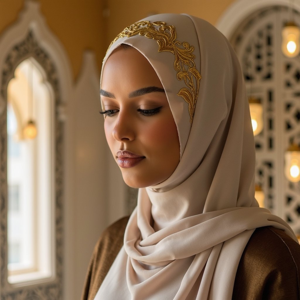 Close-up headshot of a woman in an elegant hijab with gold embroidery, eyes closed in reflection, soft background lights resembling Mawlid night ambiance