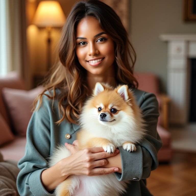 woman cradling her adorable Pomeranian in a stylish outfit, against a warm and c
