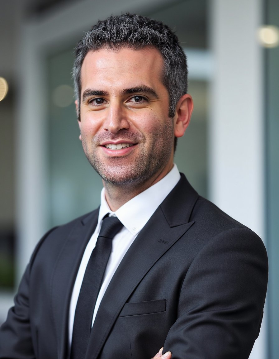 Chest-up portrait of a young man wearing a fitted charcoal suit and white shirt, no tie. Short neatly styled hair, clean-shaven. Posed frontally, soft smile. Background: blurred modern office interior. Balanced lighting, mid-aperture depth. Razor-sharp fabric and skin texture, professional tone.