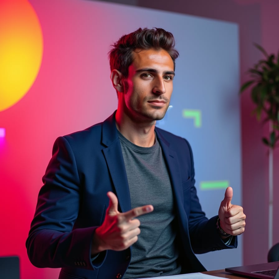 man with a focused and engaging expression. He is pointing to the side or holding a prop relevant to his content (e.g., a microphone or laptop). The background is a vibrant color gradient, designed to match bold text overlays