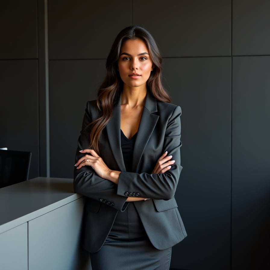 A confident woman wearing a tailored blazer and pencil skirt, standing in a sleek office setting. She is leaning slightly on a modern desk, arms crossed, gazing directly into the camera with a poised and authoritative expression