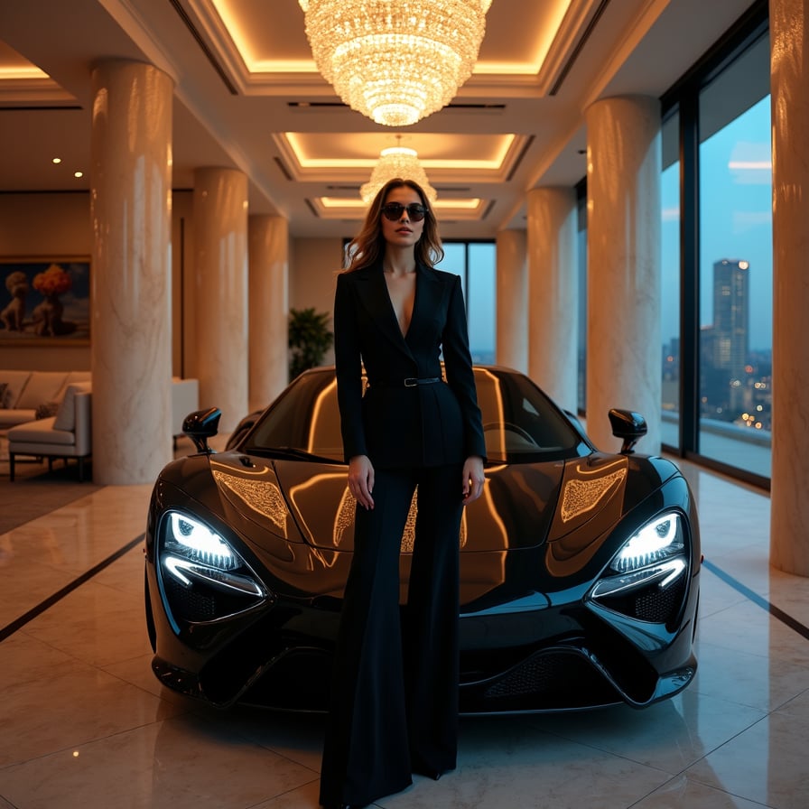 woman posing confidently in front of a sleek, black luxury sports car, dressed in a tailored black tuxedo and sunglasses, under the soft glow of city lights at dusk