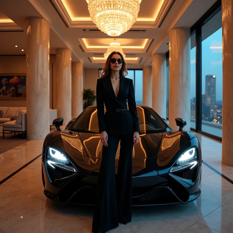 woman posing confidently in front of a sleek, black luxury sports car, dressed i