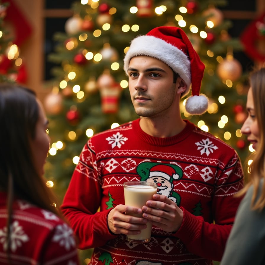 man with a clean-shaven face and a joyful smile, wearing a festive holiday sweater, surrounded by friends and decorations, holding a glass of eggnog or hot cocoa, under the warm glow of twinkling Christmas lights, with a beautifully decorated Christmas tree in the background.