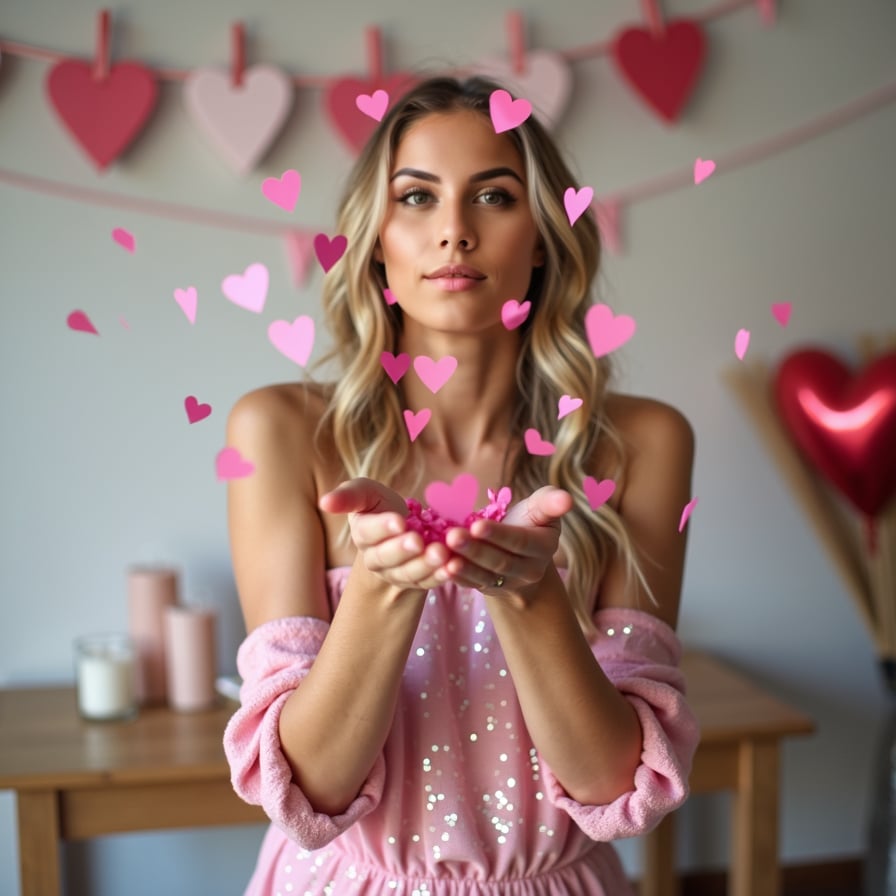 A model blowing heart-shaped confetti into the air, wearing a sparkly pink dress, standing in a room decorated with romantic garlands and candles.