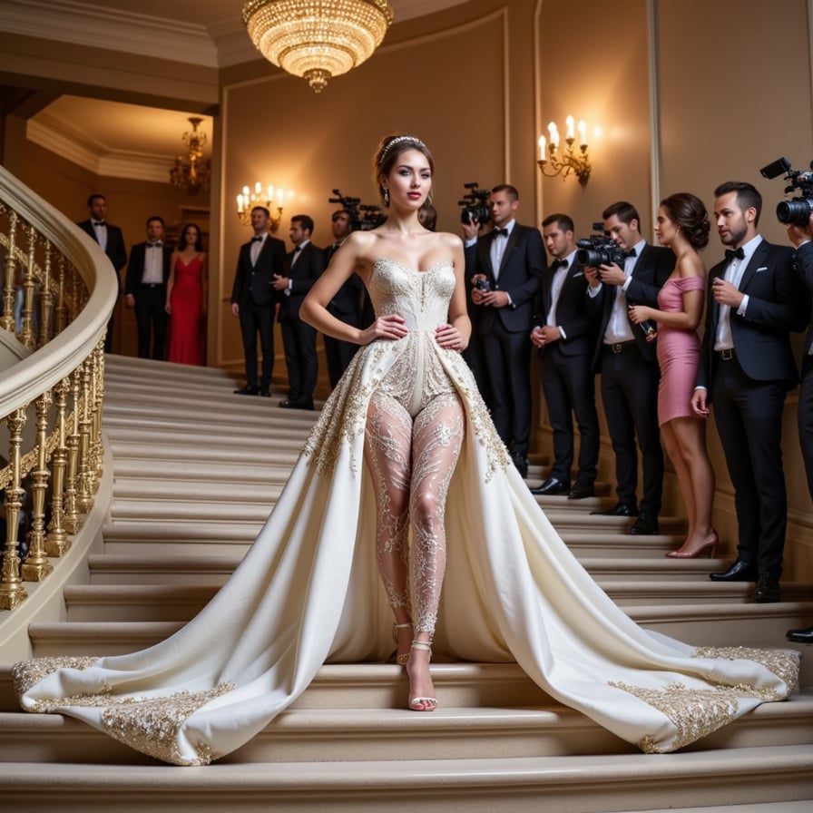 A Met Gala dress inspired by AI algorithms: flowing silk patterned with neural network visuals, laser-cut panels, and a digital halo hovering above her head