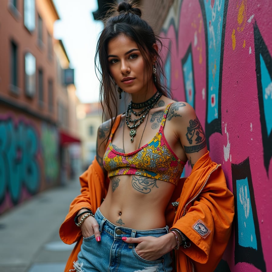 woman in a vibrant, eclectic street style dress with bold prints and bright colors, statement accessories, posing confidently against a gritty urban backdrop with graffiti-covered walls and trendy street art.