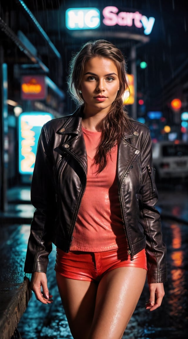 Cyber-enhanced woman, cyberpunk cityscape, neon lights, intense, cinematic.