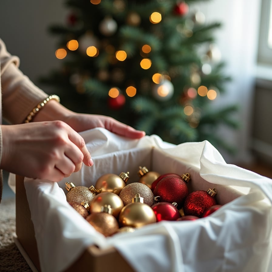 Close-up of careful hands placing delicate ornaments into a box lined with soft tissue paper. Nearby, a partially dismantled Christmas tree stands in softer light, its branches now missing a few treasured trinkets, reflecting a quiet sense of closure
