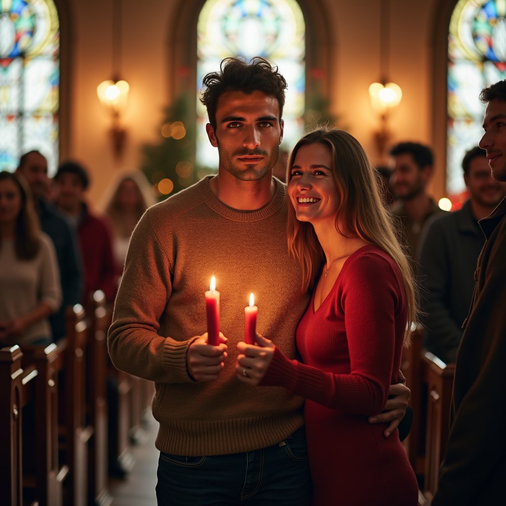 man in warm, earth-toned sweater and dark jeans, holding red candle with warm and intimate smile, surrounded by loving family, soft, golden candlelight, serene Christmas Eve church service with wooden pews and stained glass windows in background.