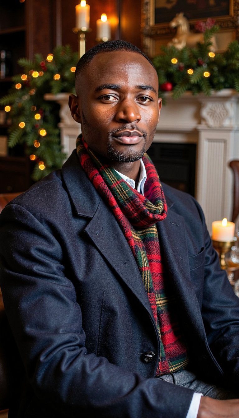 cinematic portrait of a stylish man dressed in rich tartan layers for a ralph lauren christmas evening. he wears a tailored navy wool coat left slightly open to reveal a deep red and green tartan scarf wrapped neatly around his neck, paired with a crisp white shirt. his hair is neatly combed back, jawline clean and defined, expression calm and confident as he looks slightly past the camera. golden highlights from string lights and a fireplace cast a warm glow along one side of his face, while hints of dark green garlands and red ribbons frame the blurred background. subtle film grain, strong yet soft contrast, high resolution, hdr, highly detailed, photorealistic.
