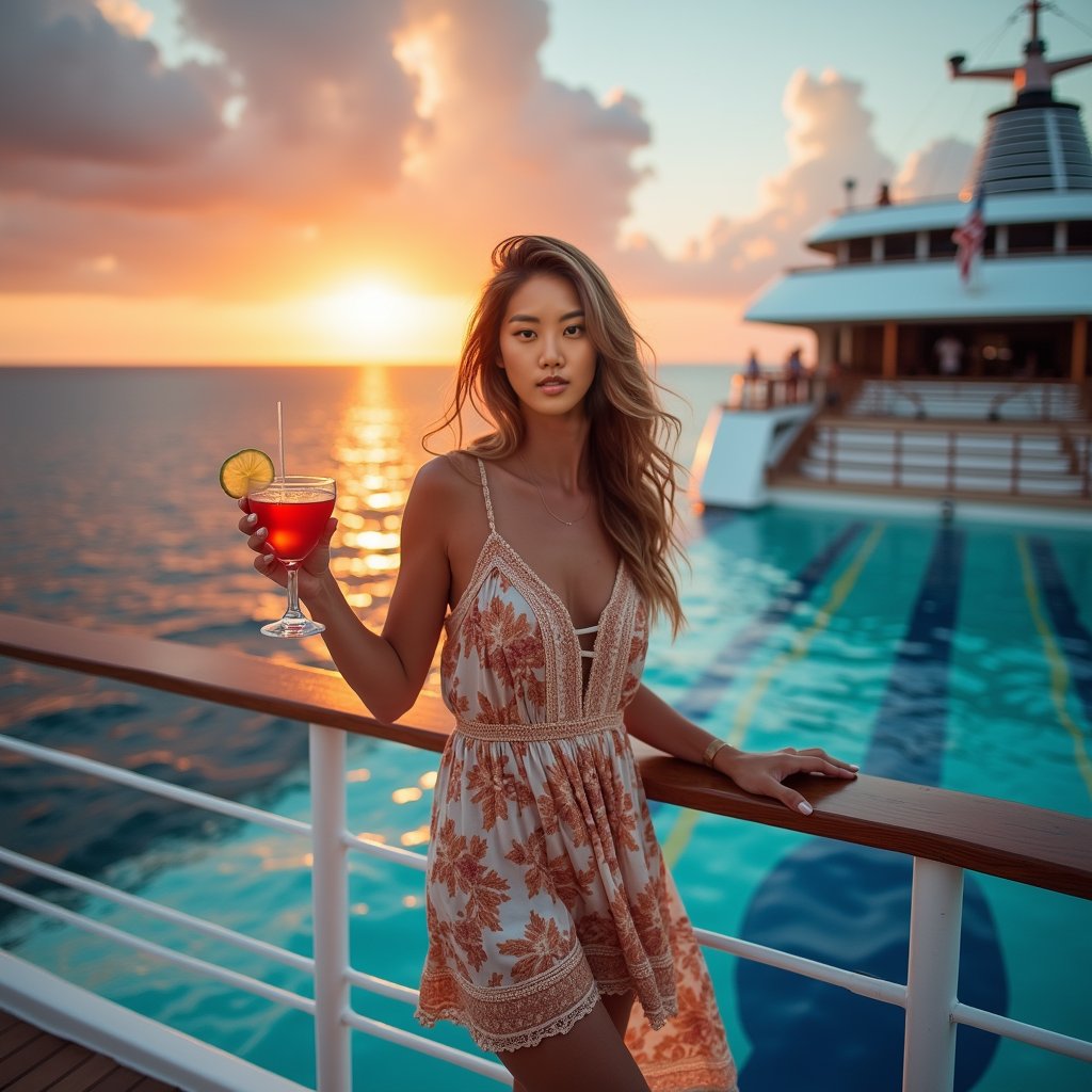 Woman in sundress, cruise deck, sunset, relaxed pose.