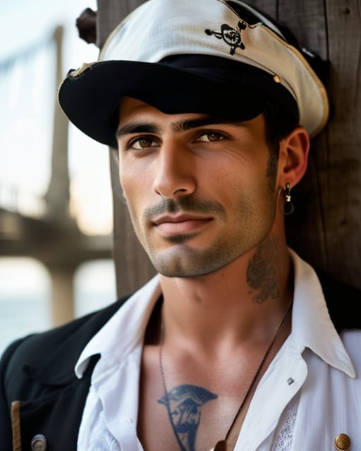 A swashbuckling pirate stands confidently on a weathered dock, wearing a worn eye patch, a three-cornered hat cocked to one side, a billowy white shirt with lace cuffs, and tall black boots with a subtle shine, lit by warm golden sunlight casting a dramatic shadow.