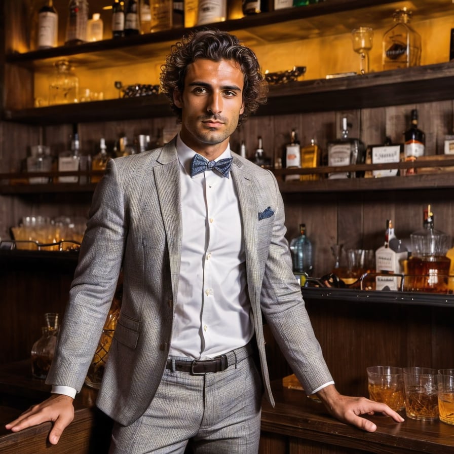 Handsome man in dark bar, seductive smile, party atmosphere.