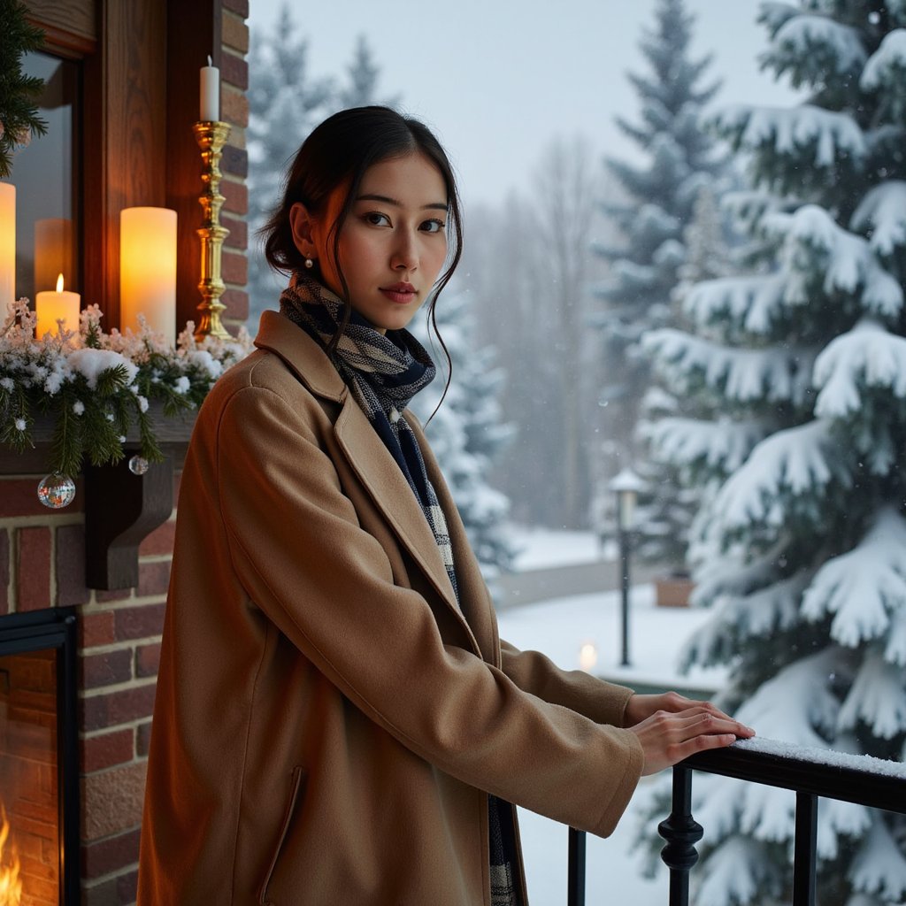 Woman on a balcony overlooking snow-covered evergreens, ambient blue hour light. Hairstyle: low bun with a few loose strands framing her face. Attire: long camel coat with high collar, plaid wool scarf, small gold earrings. Fabric details: visible wool fibers, soft woven plaid, faint frost speckles. Camera: slightly below eye level, 50mm, f/2.0. Lighting: cool ambient snowlight + subtle warm reflection from interior light behind her. Background: blurred snowflakes and golden window bokeh; soft, romantic atmosphere. Pose: one hand on balcony rail, subtle smile over shoulder.
Render: highly detailed, highly realistic, HDR; visible snow crystals, fabric texture, and natural cold-air glow.