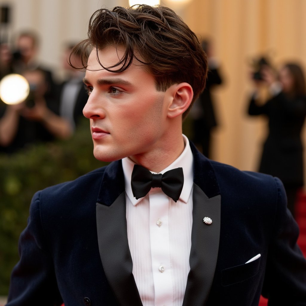 Ultra-realistic waist-up shot of a male celebrity wearing a tailored velvet midnight-blue tuxedo with satin lapels, crisp white shirt, black bow tie, and diamond cufflinks, clean-shaven with a sharp jawline, hair styled in a sleek side-part, warm side lighting casting subtle shadows on his cheekbones, background softly blurred with hints of grand staircase and warm spotlights, taken with a 50mm lens at f/1.8 for cinematic bokeh.