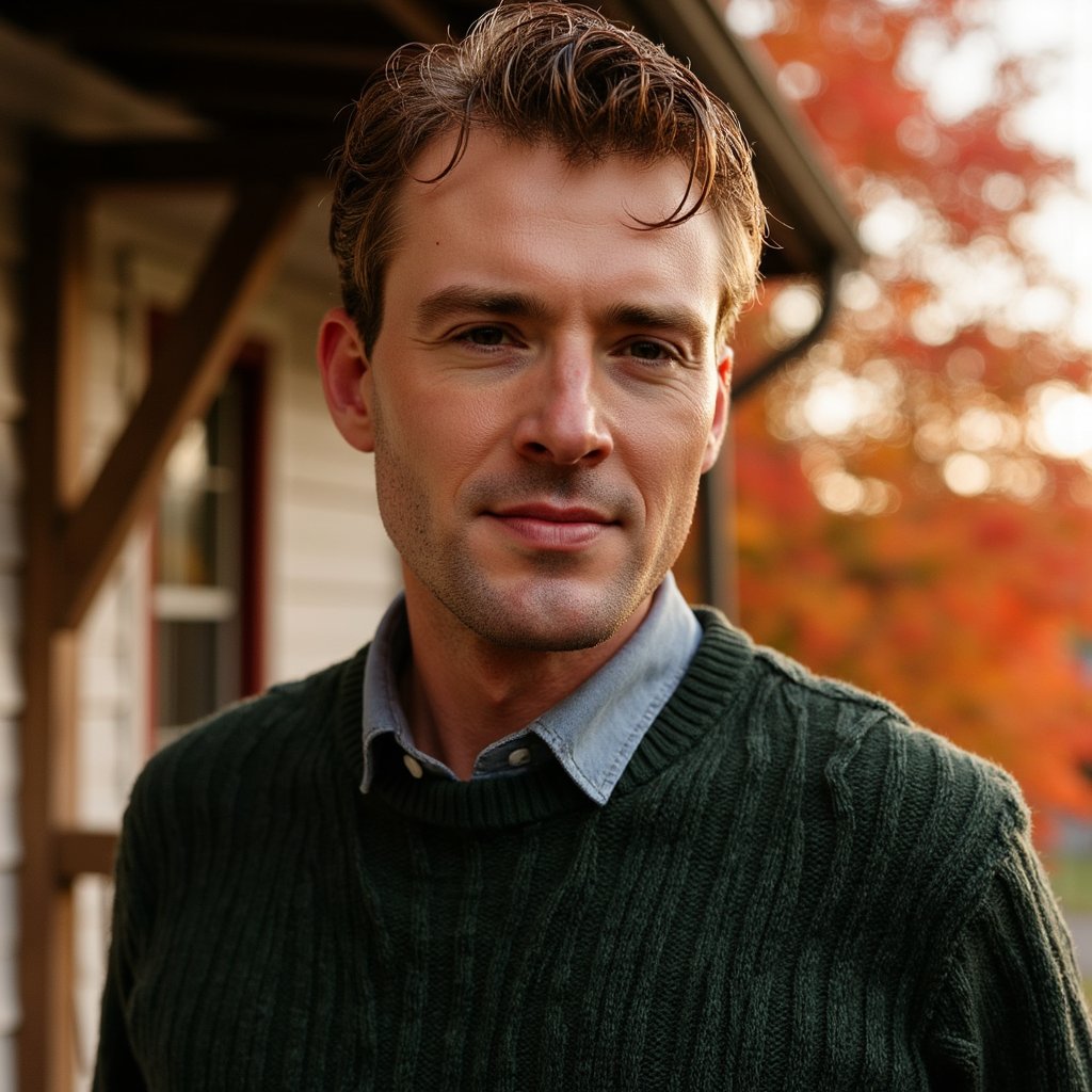 Highly realistic, highly detailed HDR head-and-shoulders portrait of a middle-aged Caucasian man (male, about 45 years old) standing outside on a rustic wooden porch with fall foliage behind. Camera angle straight-on at eye level. He is wearing a deep forest-green cable-knit sweater over a light chambray shirt (collar slightly visible), his hair is salt-and-pepper, neatly combed back; short beard trimmed. The evening golden hour sunlight filters through orange and red maple leaves behind him, casting warm rim light on his right shoulder and hair. Background softly blurred (shallow depth of field) showing the wooden porch rail and a hint of maple branches but no clutter. His expression is reflective but content — slight smile, crow’s-feet visible, skin texture detailed with natural pores and light stubble. The sweater fabric shows the cable-knit pattern in sharp detail, the chambray shirt faint texture visible. Light wind gently moves a few loose strands of hair and leaves behind him. Overall tone: autumnal, serene, gratitude.