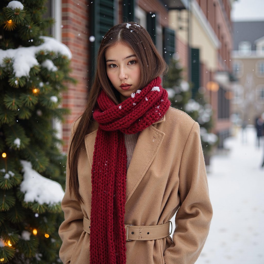 Waist-up winter portrait of a woman outdoors in softly falling snow (snow frozen in shallow DOF but no subject motion). She wears a camel wool coat belted at the waist and a thick red knitted scarf with visible chunky stitching. Hair: straight, long, tucked inside the scarf; a few flyaway strands adding realism. Makeup: satin warm-nude lips, lightly flushed cheeks, soft brown eyeliner. Lighting: natural overcast daylight softened by snow, with a faint silver reflector fill from below. Background: blurred evergreen trees with a few warm twinkle lights; minimal clutter. Camera: 85mm f/2, eye-level; highly realistic, highly detailed, HDR, clear snowflakes on hair and coat fibers.