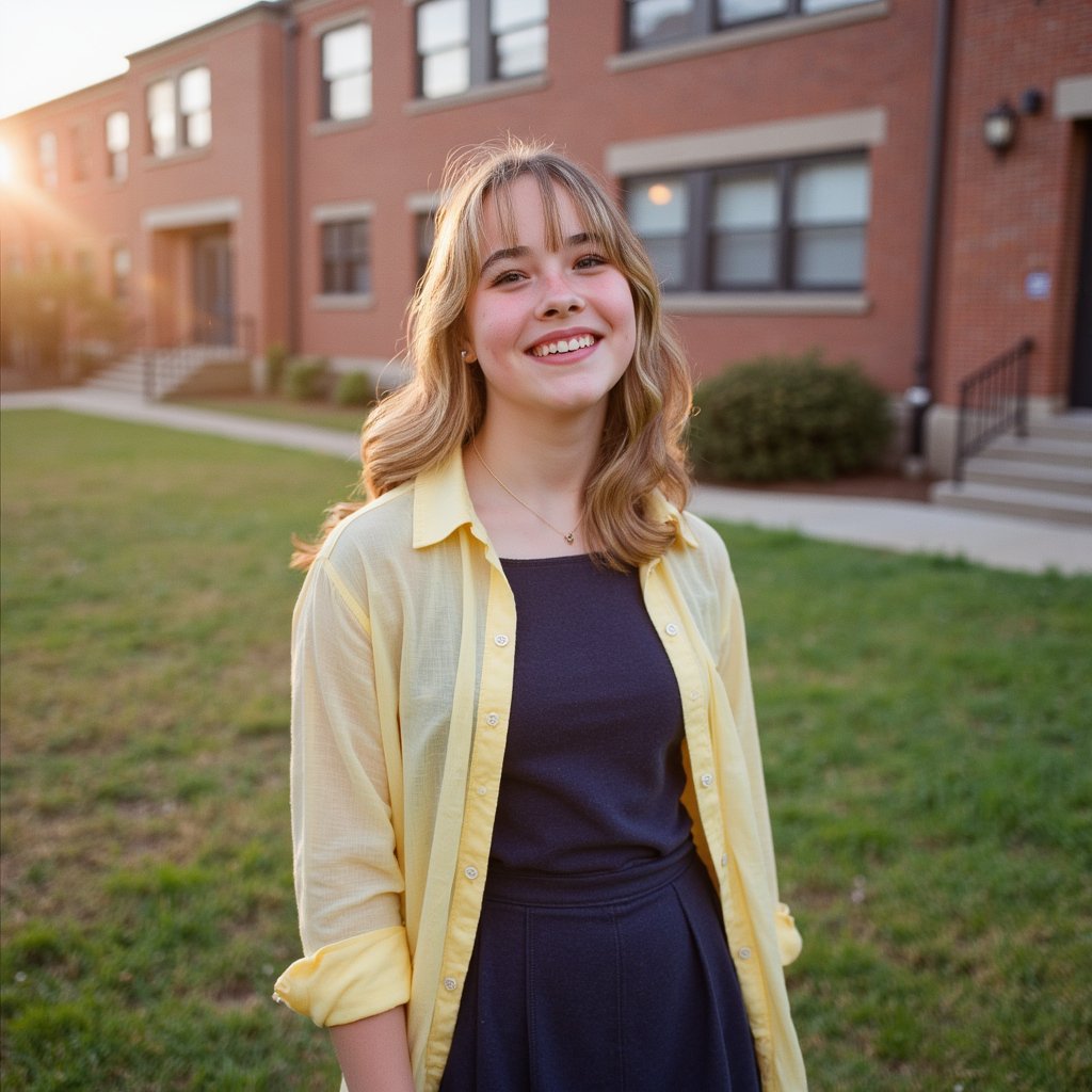 Candid yearbook-style image of a 1960s teen girl outside during golden hour. Subject in focus wears a pastel yellow button-down blouse made of lightweight cotton, the fabric wrinkled slightly at the elbows and catching soft sunlight through the sleeve. A-line skirt with subtle pleats in navy wool blend, lightly textured with visible seam lines. Her brunette hair is pinned into a half-up, half-down style, curled at the ends and loosely framing her freckled cheeks. Laugh lines around her mouth and squinted eyes are visible, adding lifelike expression. A strand of hair escapes and glows in the light. Skin shows realistic shadow from the nose, with sun-kissed highlights across the forehead and tip of the nose. Background is out-of-focus grass and brick school building, rendered with creamy bokeh. Shot with a 50mm lens at f/2.2, natural lens flare on the left edge, balanced composition.