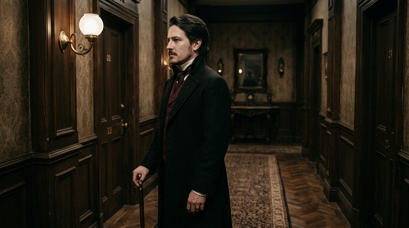 Victorian vampire Halloween portrait in an old hotel