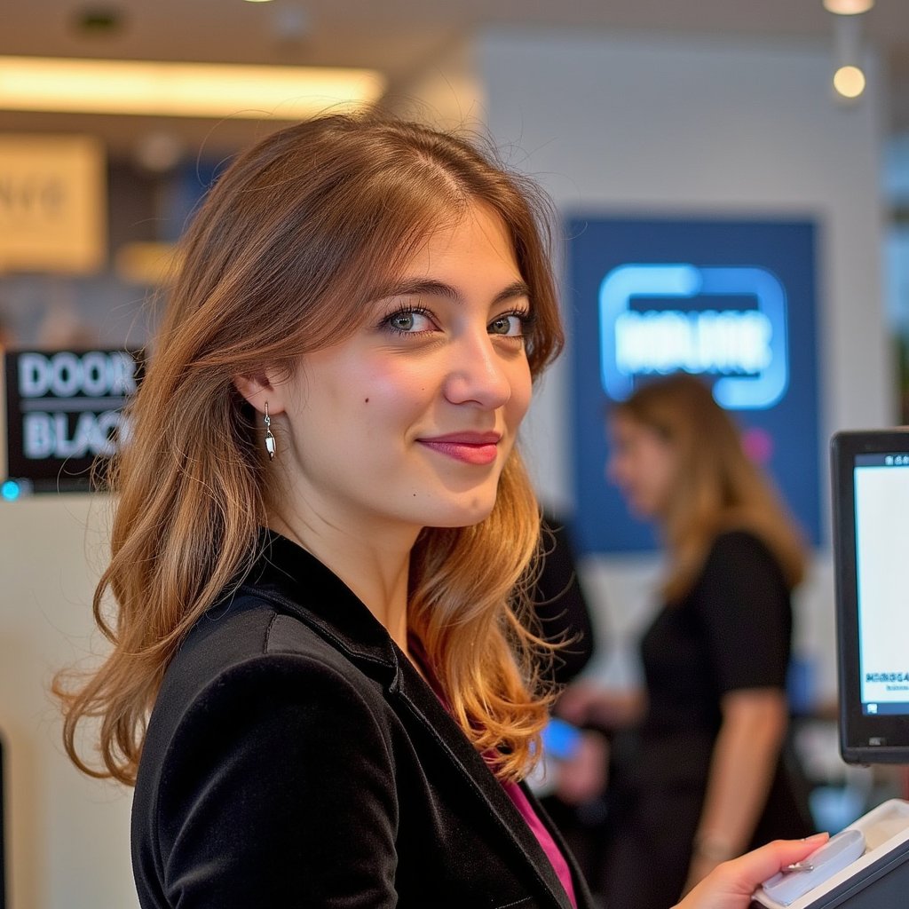 A stylish woman (female) head-and-shoulders at a minimalist checkout, contactless card poised near the terminal (no motion blur). Hairstyle: glossy, voluminous shoulder-length curls with defined highlights; makeup: luminous skin, subtle bronzer, glossy rose lips. Attire: deep plum silk-satin blouse with micro sheen under a black velvet blazer; fine pendant necklace. Pose: calm three-quarter profile toward camera; soft smile; eyes toward the terminal. Camera: 100mm portrait-macro, f/2.2 for crisp facial detail and creamy background. Lighting: warm register display as practical key, soft fill from above, faint cool rim from back signage. Background: blurred “DOORBUSTER” POS screen and tidy countertop; minimal clutter. Fabric detail: velvet pile direction, satin weave luster, stitching on lapels. Highly detailed, highly realistic, HDR, high resolution.