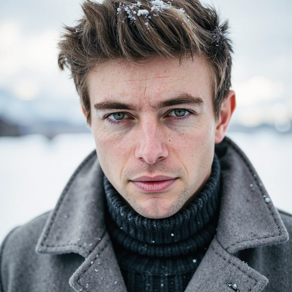 “male portrait, ultra-sharp close-up headshot in an open snowfield with soft diffused lighting from an overcast sky; camera at eye level to create an intimate, calm expression. Short hair with a neat side part, a dusting of fresh snow along the hairline, realistic pores and detailing on the skin, faint pinkness on the nose and cheeks from the cold.
He wears a textured wool turtleneck under a matte winter overcoat, fabric grain visible on collar edges with minor frost accumulation. Background is intentionally minimal: an endless smooth snowfield fading into a blurred white-gray horizon, no distracting objects.
Subtle flakes falling around him, some captured mid-air by a shallow depth of field. Highly realistic, hyper-detailed, HDR, high resolution, crisp facial focus with gentle blur outward, pure minimalist winter aesthetic.”