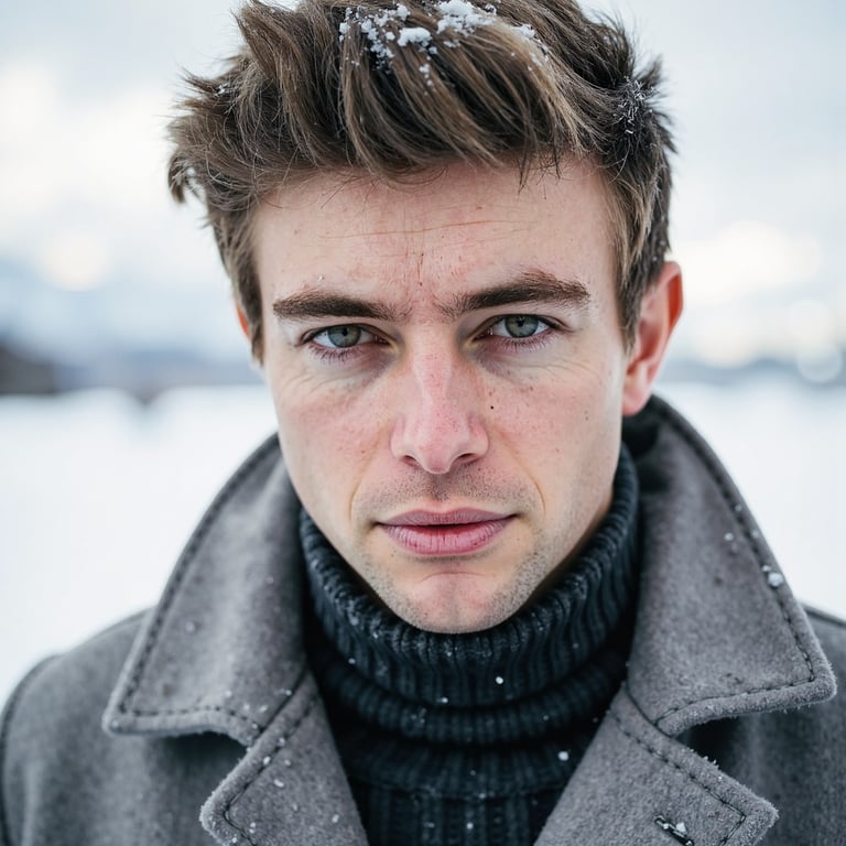 “male portrait, ultra-sharp close-up headshot in an open snowfield with soft dif