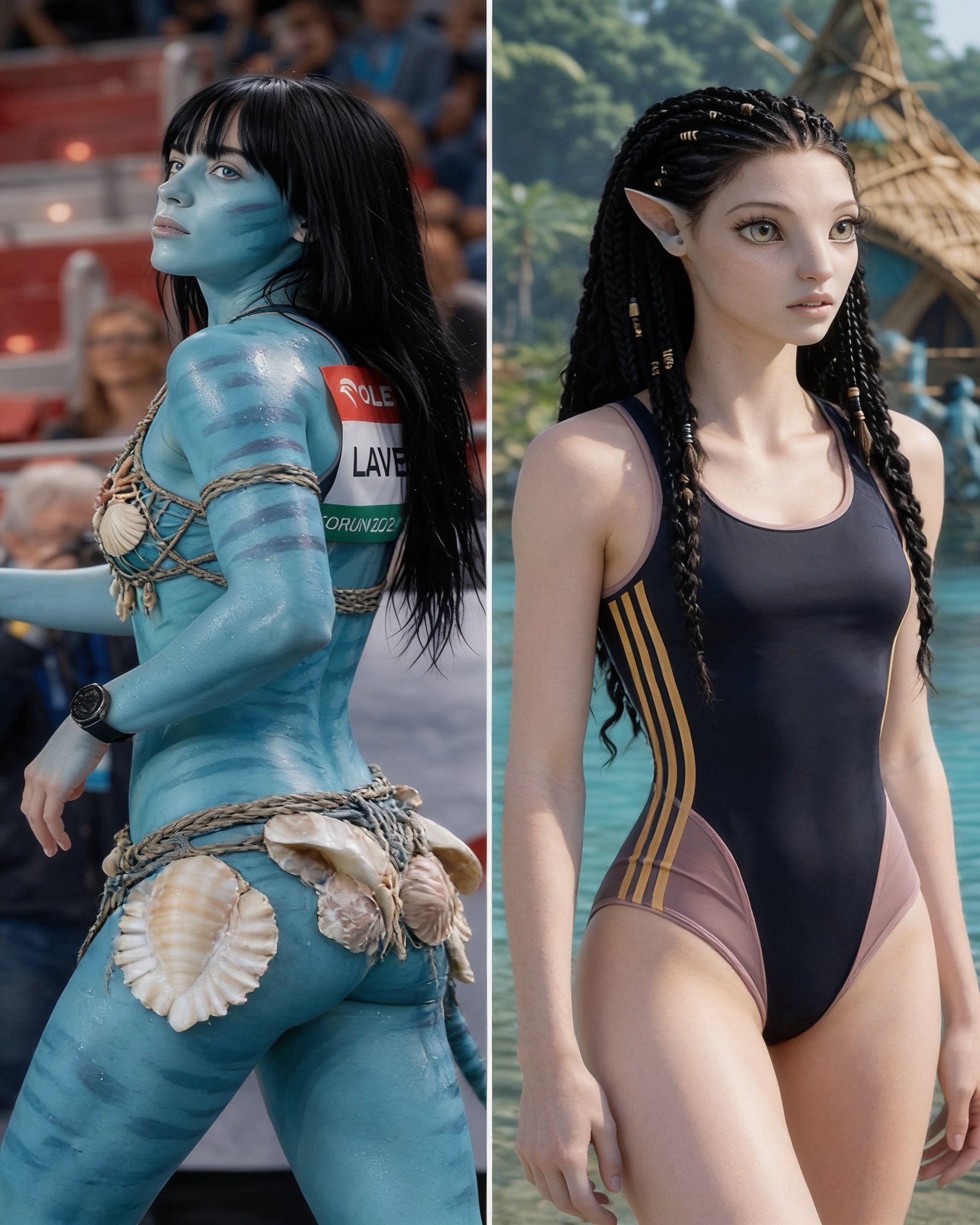 Using this collage as the ONLY reference, edit each panel independently.
LEFT PANEL: Keep the left woman’s exact original face, facial features, straight black hair with bangs, body shape, proportions, pose and stadium background. Change ONLY her entire visible skin to the blue Na’vi skin appearance from the right panel, including the same blue tone, stripes and markings. Replace ONLY her athletic clothing with the shell-and-rope Na’vi clothing shown on the right.
RIGHT PANEL: Keep the right character’s exact original Na’vi face, facial structure, large eyes, pointed ears, braided hairstyle, body shape, proportions, pose and tropical background. Change ONLY her entire visible blue skin to the natural pale human skin tone shown on the left. Replace ONLY her Na’vi clothing with the exact athletic outfit shown on the left.
CRITICAL: Do not transfer or recreate faces, heads, hairstyles, bodies, poses or backgrounds between panels. The left subject must still have her original left-panel identity and the right subject must still have her original right-panel identity. ONLY skin appearance and clothing may change.